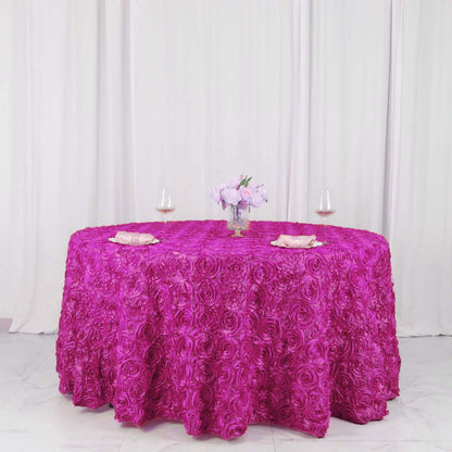 Satin 120" Round Tablecloth Fuchsia - Grandiose 3D Rosette with Seamless Finish Table Cover - NestOCart