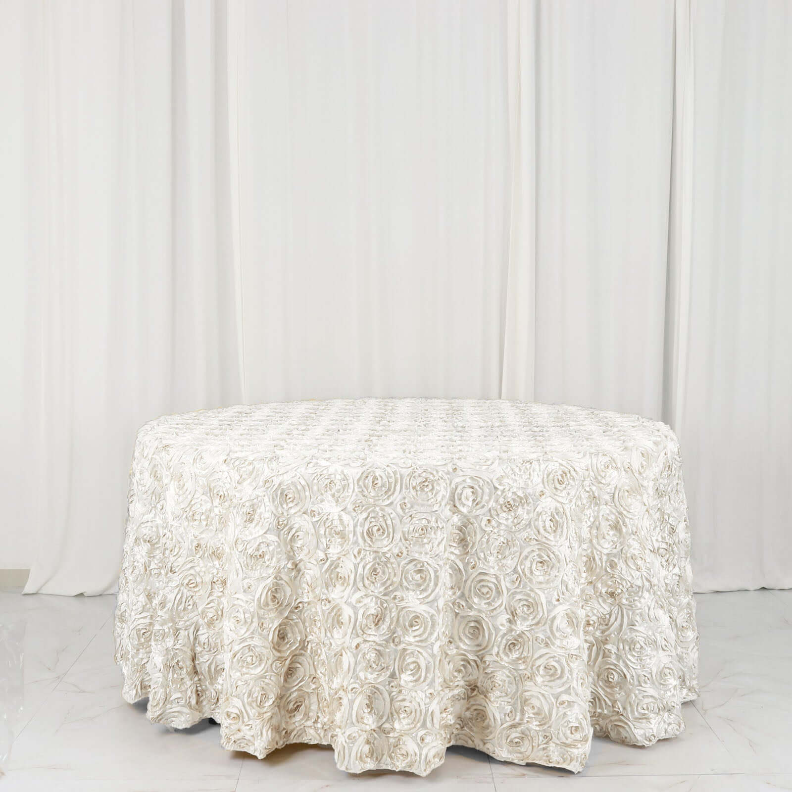 Satin 120" Round Tablecloth Ivory - Grandiose 3D Rosette with Seamless Finish Table Cover - NestOCart