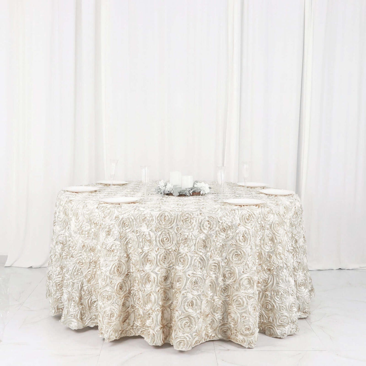 Satin 120" Round Tablecloth Ivory - Grandiose 3D Rosette with Seamless Finish Table Cover - NestOCart