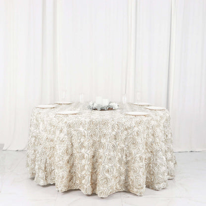 Satin 120" Round Tablecloth Ivory - Grandiose 3D Rosette with Seamless Finish Table Cover - NestOCart