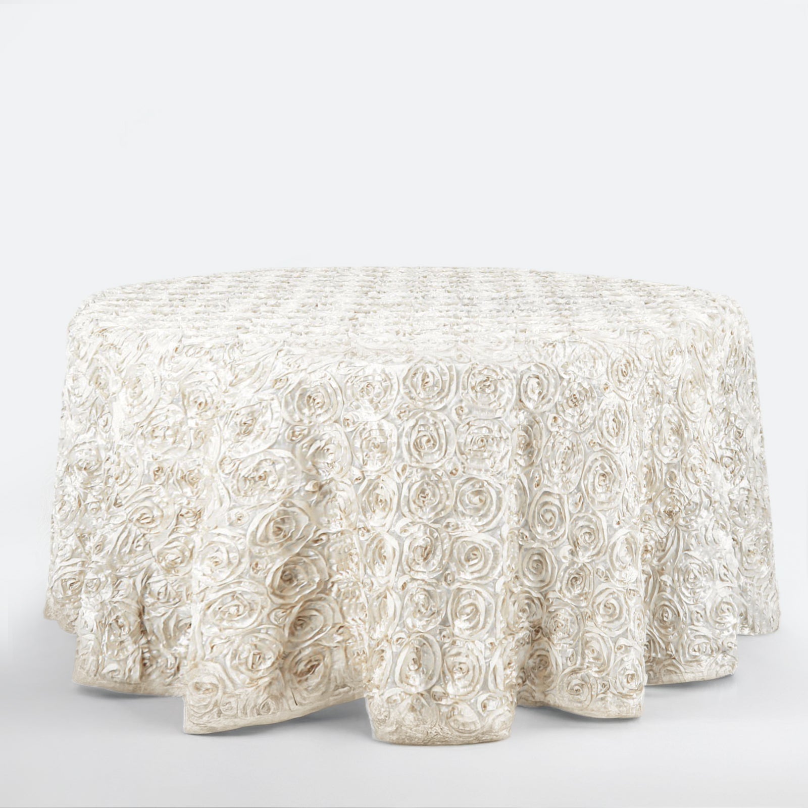 Satin 120" Round Tablecloth Ivory - Grandiose 3D Rosette with Seamless Finish Table Cover - NestOCart