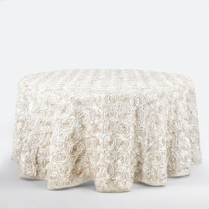 Satin 120" Round Tablecloth Ivory - Grandiose 3D Rosette with Seamless Finish Table Cover - NestOCart