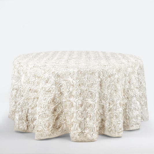 Satin 120" Round Tablecloth Ivory - Grandiose 3D Rosette with Seamless Finish Table Cover - NestOCart