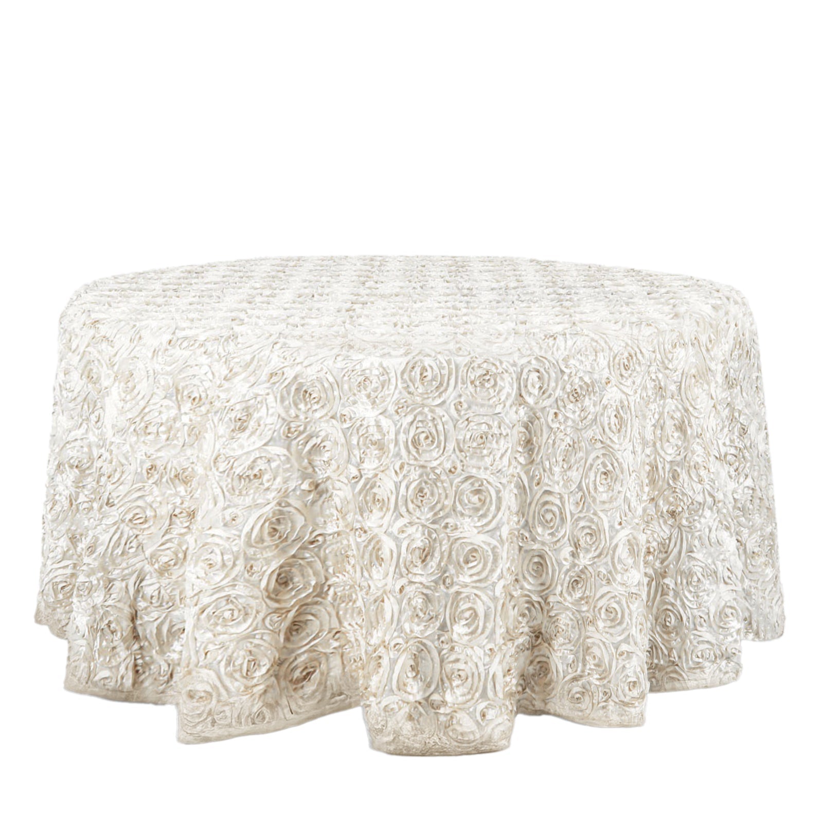 Satin 120" Round Tablecloth Ivory - Grandiose 3D Rosette with Seamless Finish Table Cover - NestOCart