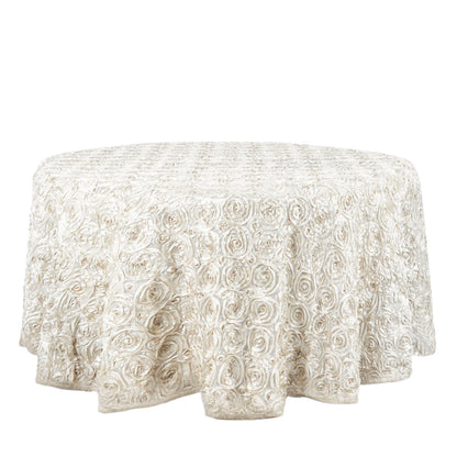 Satin 120" Round Tablecloth Ivory - Grandiose 3D Rosette with Seamless Finish Table Cover - NestOCart