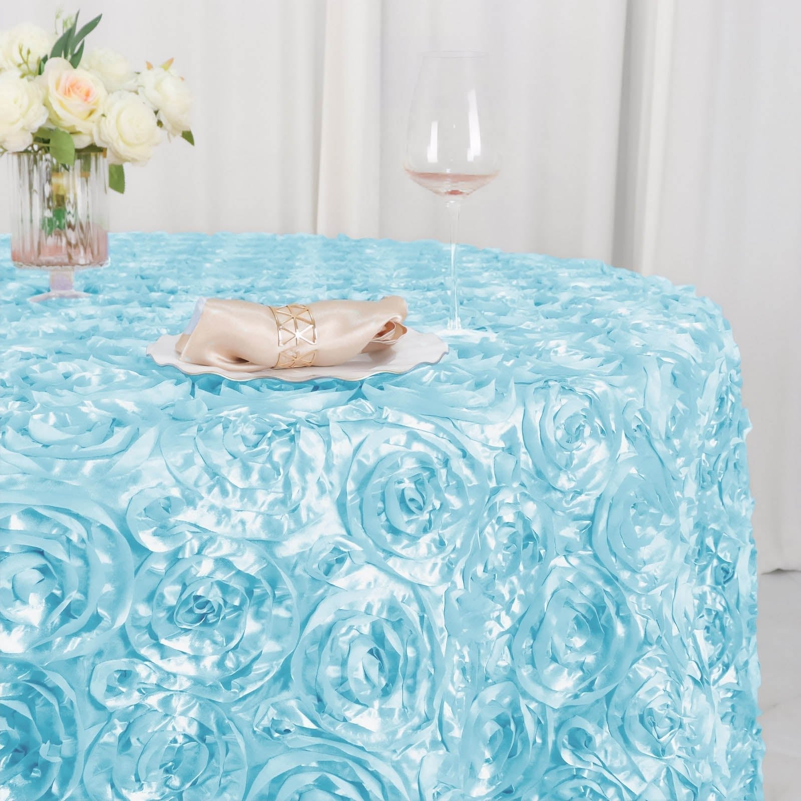 Satin 120" Round Tablecloth Light Blue - Grandiose 3D Rosette with Seamless Finish Table Cover - NestOCart