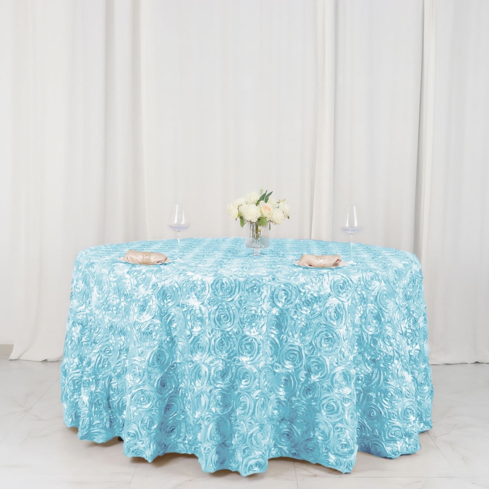 Satin 120" Round Tablecloth Light Blue - Grandiose 3D Rosette with Seamless Finish Table Cover - NestOCart