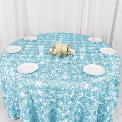 Satin 120" Round Tablecloth Light Blue - Grandiose 3D Rosette with Seamless Finish Table Cover - NestOCart