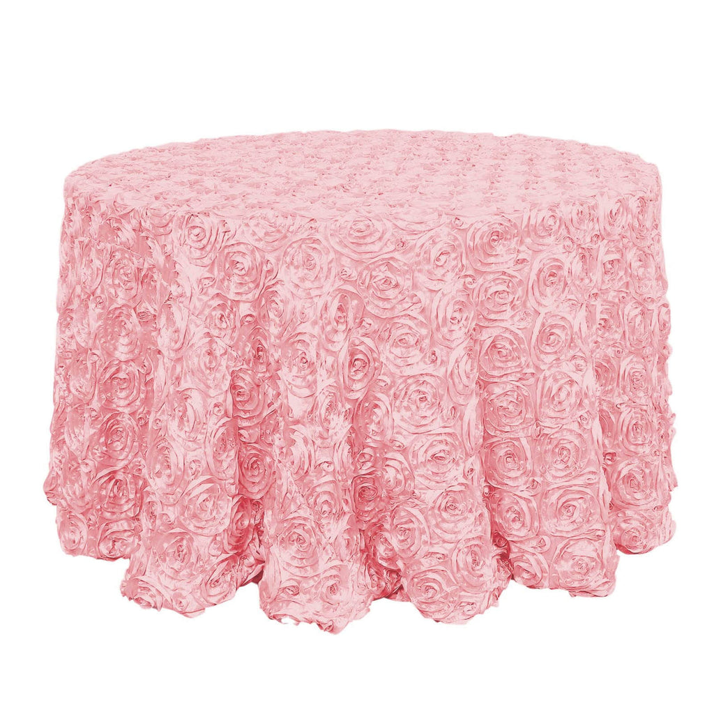 Satin 120" Round Tablecloth Pink - Grandiose 3D Rosette with Seamless Finish Table Cover