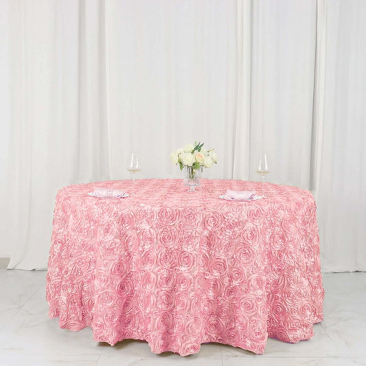 Satin 120" Round Tablecloth Pink - Grandiose 3D Rosette with Seamless Finish Table Cover - NestOCart