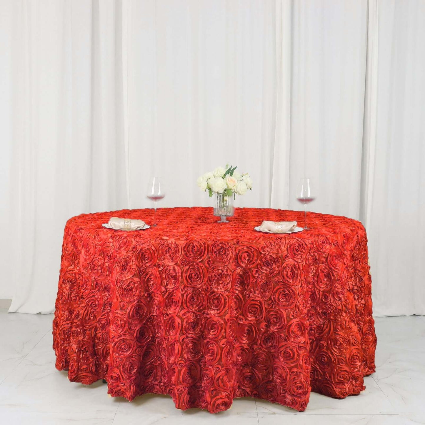 Satin 120" Round Tablecloth Red - Grandiose 3D Rosette with Seamless Finish Table Cover - NestOCart