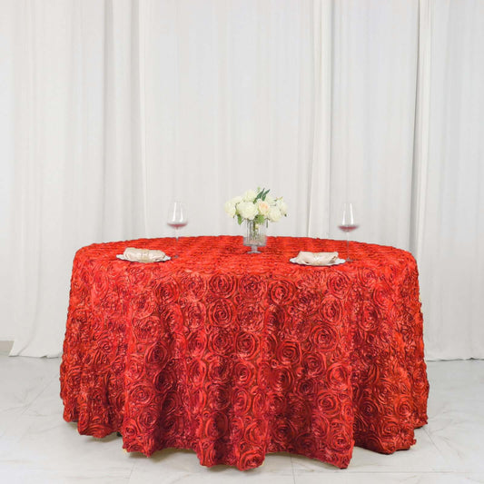 Satin 120" Round Tablecloth Red - Grandiose 3D Rosette with Seamless Finish Table Cover - NestOCart