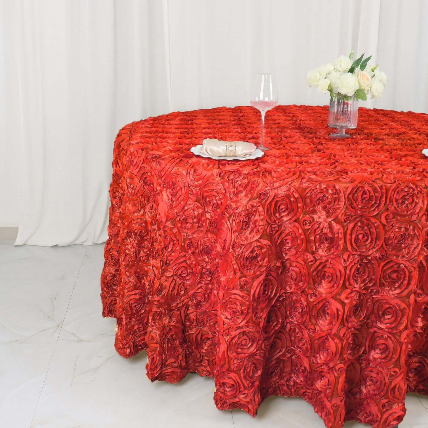 Satin 120" Round Tablecloth Red - Grandiose 3D Rosette with Seamless Finish Table Cover - NestOCart