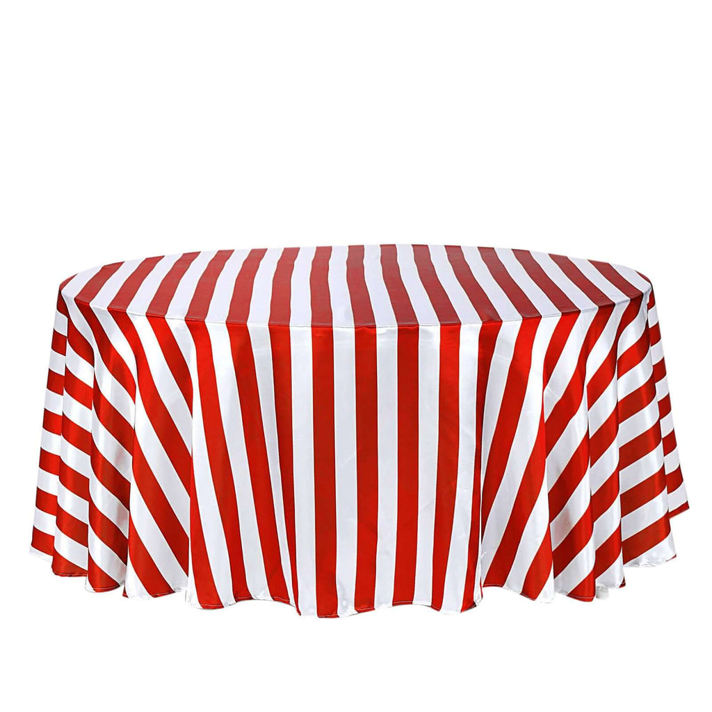 Satin 120" Round Tablecloth Red/White - Stripe Design with Seamless Silky Smooth Finish Table Cover