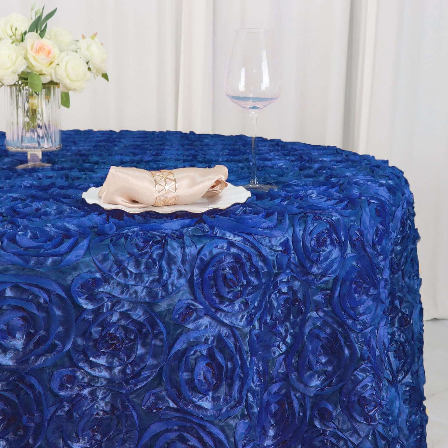 Satin 120" Round Tablecloth Royal Blue - Grandiose 3D Rosette with Seamless Finish Table Cover - NestOCart