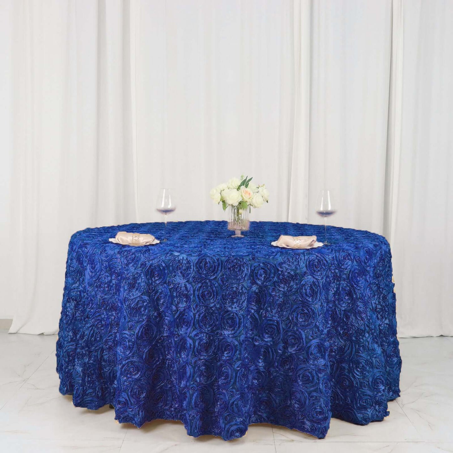 Satin 120" Round Tablecloth Royal Blue - Grandiose 3D Rosette with Seamless Finish Table Cover - NestOCart