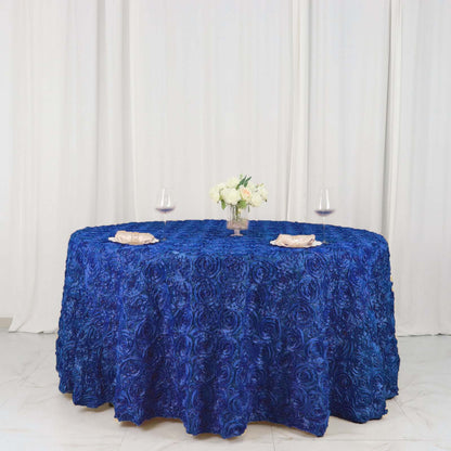 Satin 120" Round Tablecloth Royal Blue - Grandiose 3D Rosette with Seamless Finish Table Cover - NestOCart