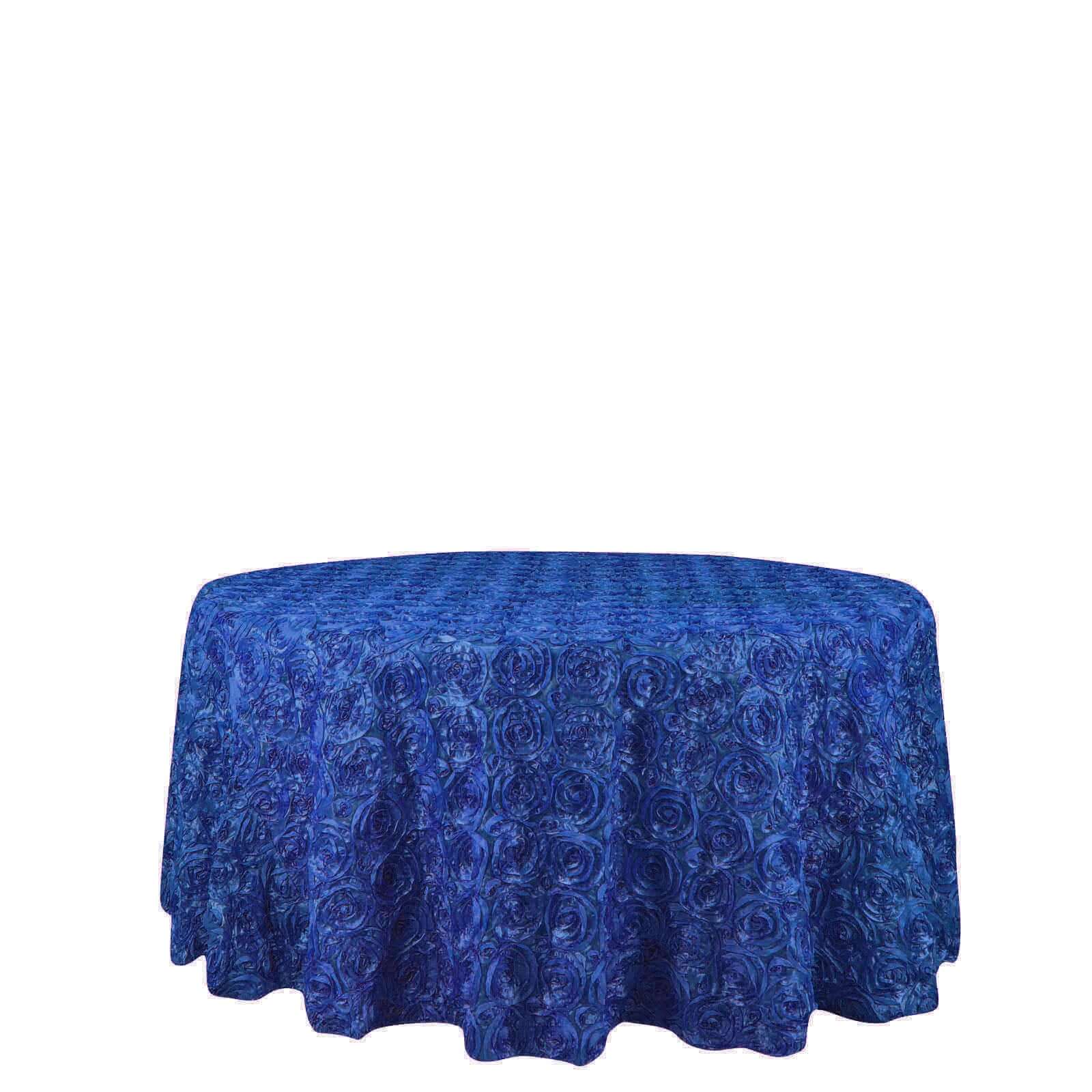 Satin 120" Round Tablecloth Royal Blue - Grandiose 3D Rosette with Seamless Finish Table Cover - NestOCart