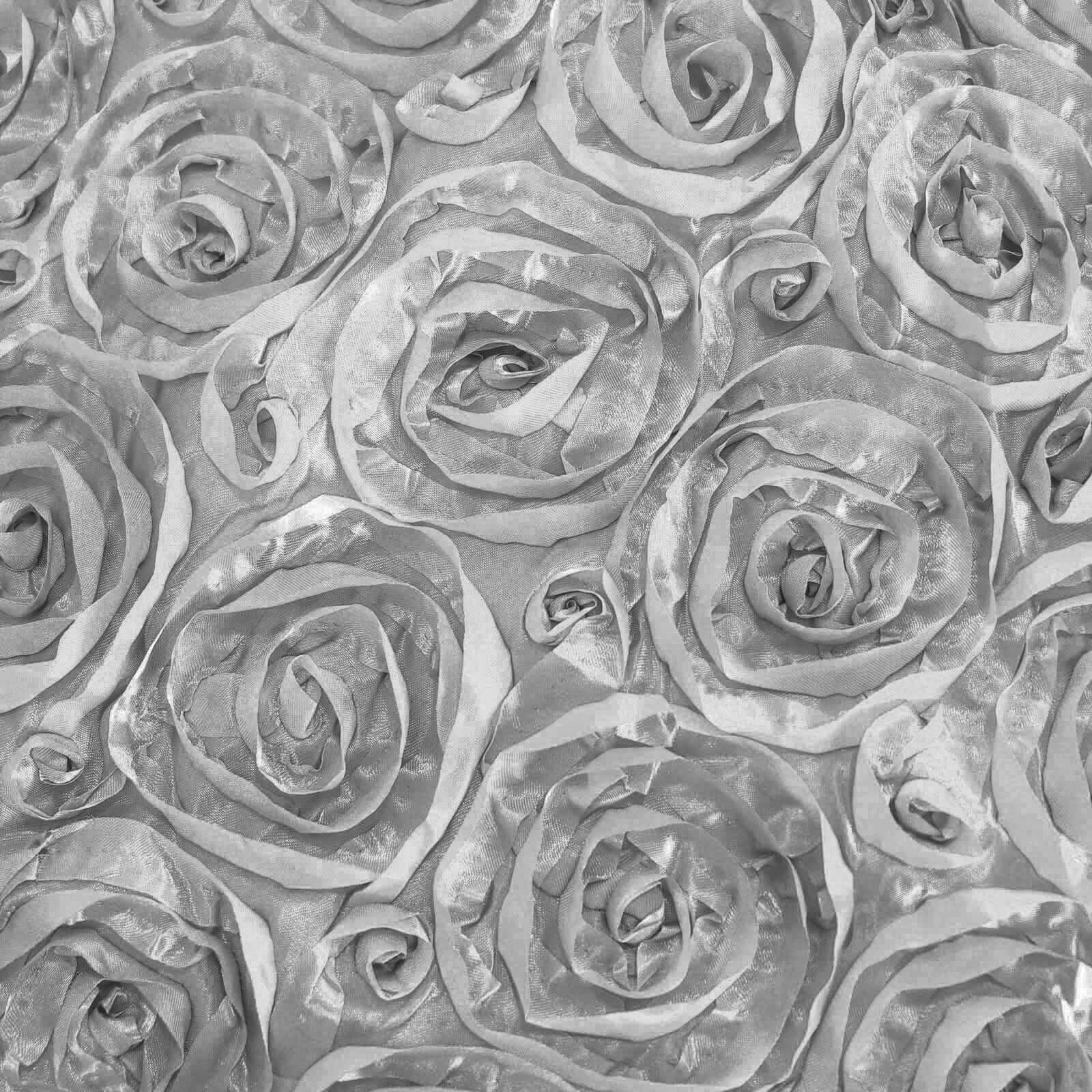 Satin 120" Round Tablecloth Silver - Grandiose 3D Rosette Design with Seamless Finish for Luxe Events - NestOCart