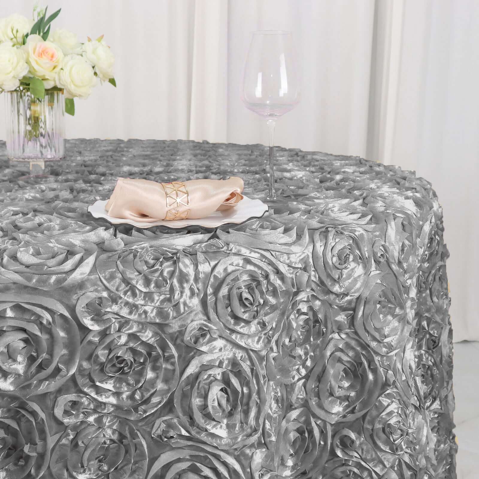 Satin 120" Round Tablecloth Silver - Grandiose 3D Rosette Design with Seamless Finish for Luxe Events - NestOCart