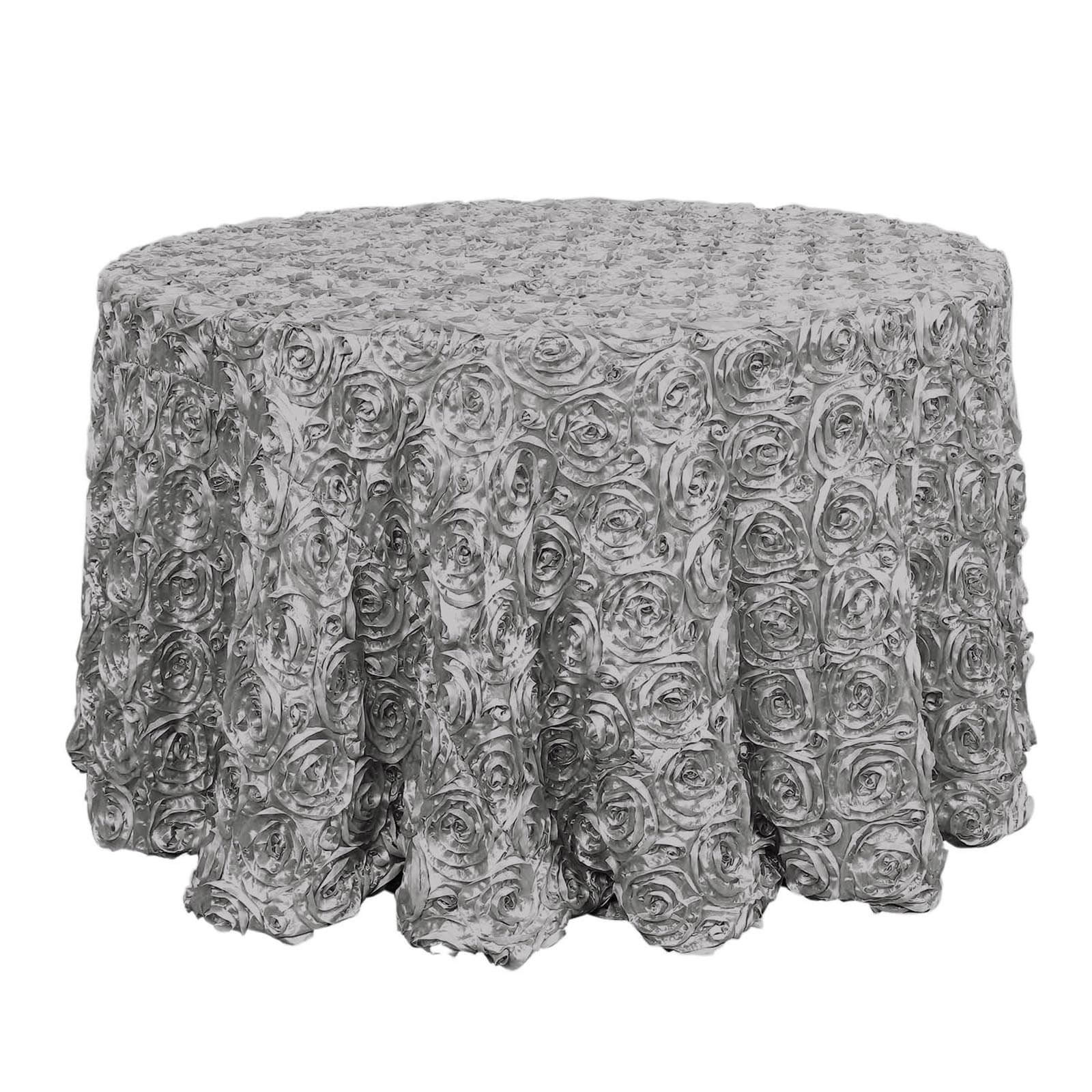 Satin 120" Round Tablecloth Silver - Grandiose 3D Rosette Design with Seamless Finish for Luxe Events - NestOCart