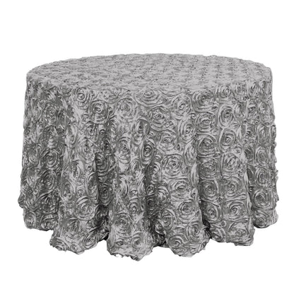 Satin 120" Round Tablecloth Silver - Grandiose 3D Rosette Design with Seamless Finish for Luxe Events - NestOCart