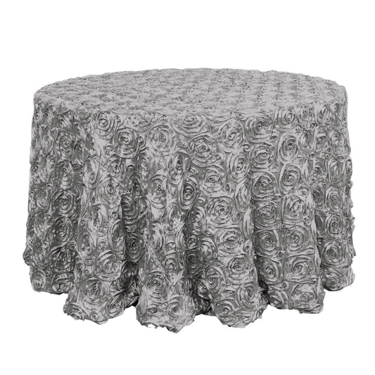 Satin 120" Round Tablecloth Silver - Grandiose 3D Rosette Design with Seamless Finish for Luxe Events - NestOCart
