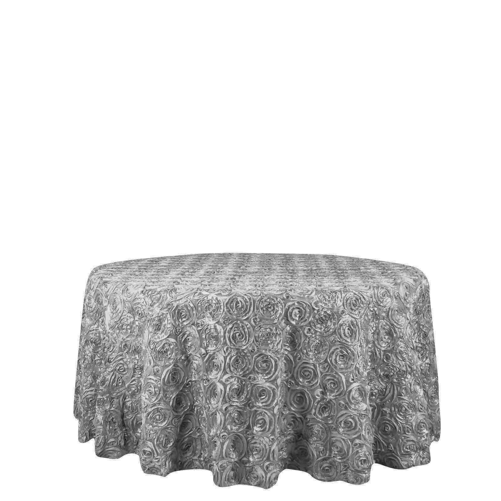 Satin 120" Round Tablecloth Silver - Grandiose 3D Rosette Design with Seamless Finish for Luxe Events - NestOCart