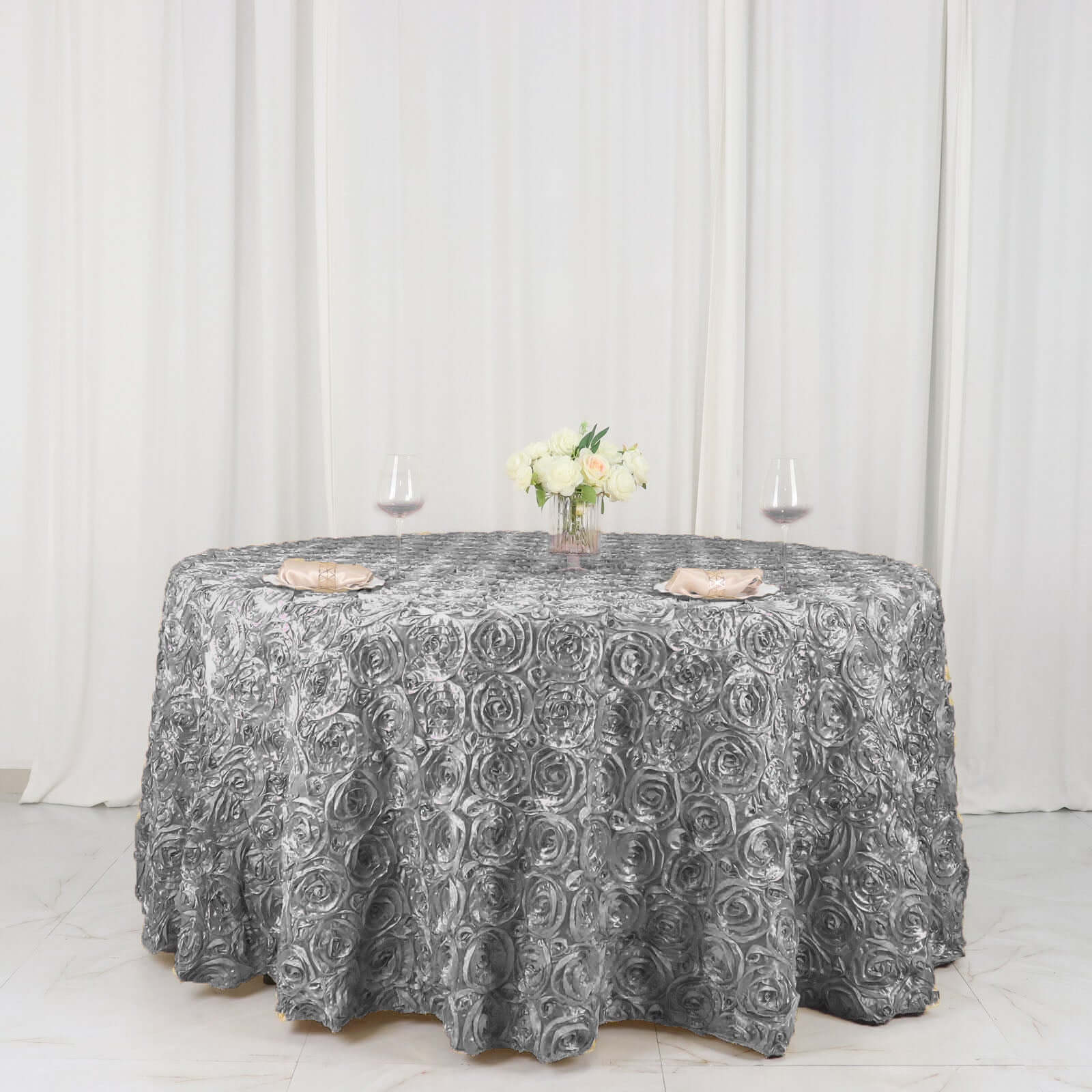 Satin 120" Round Tablecloth Silver - Grandiose 3D Rosette Design with Seamless Finish for Luxe Events - NestOCart
