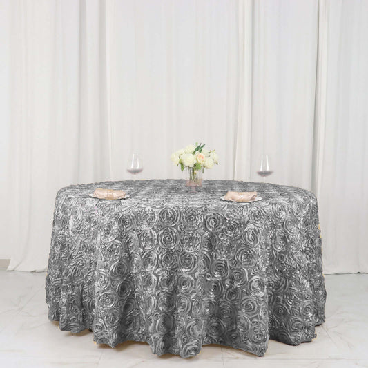 Satin 120" Round Tablecloth Silver - Grandiose 3D Rosette Design with Seamless Finish for Luxe Events - NestOCart