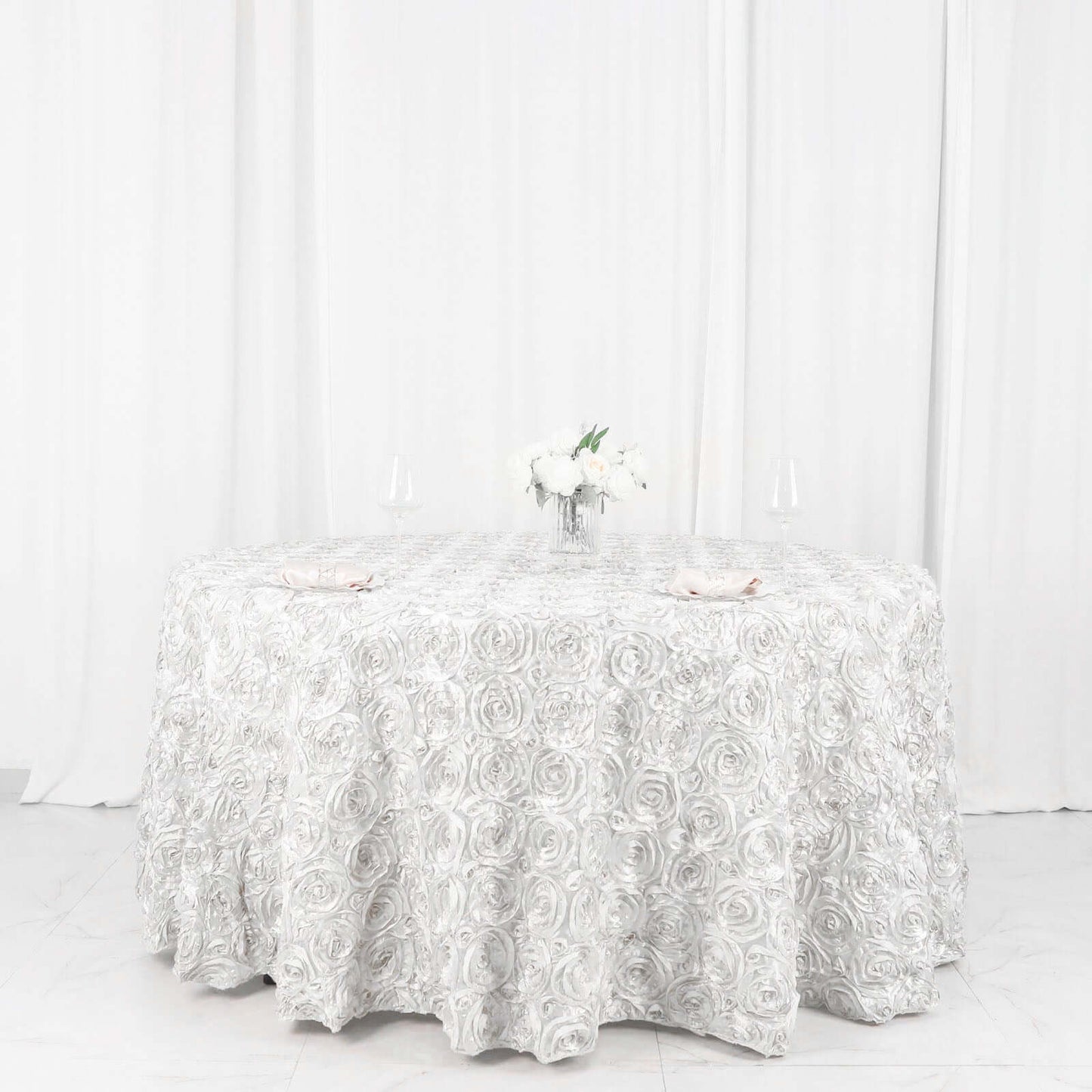 Satin 120" Round Tablecloth White - Grandiose 3D Rosette Design with Seamless Finish for Luxe Events - NestOCart