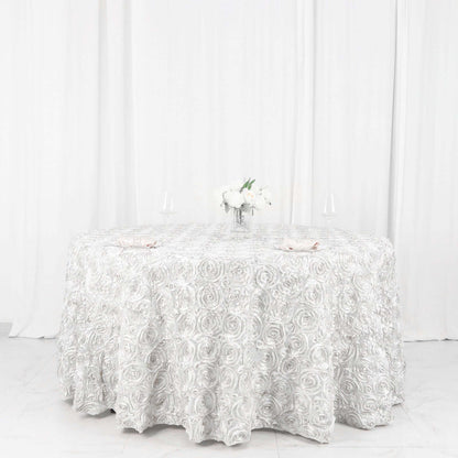 Satin 120" Round Tablecloth White - Grandiose 3D Rosette Design with Seamless Finish for Luxe Events - NestOCart