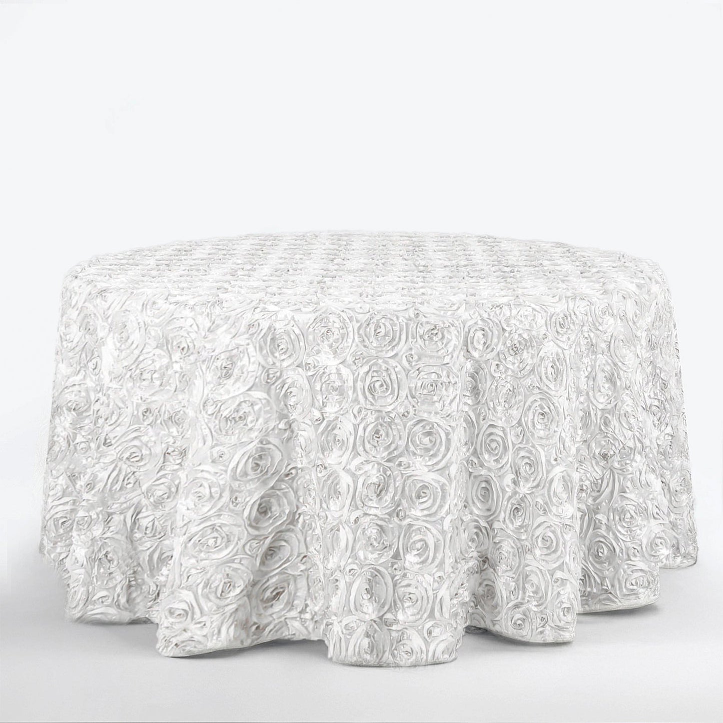 Satin 120" Round Tablecloth White - Grandiose 3D Rosette Design with Seamless Finish for Luxe Events - NestOCart