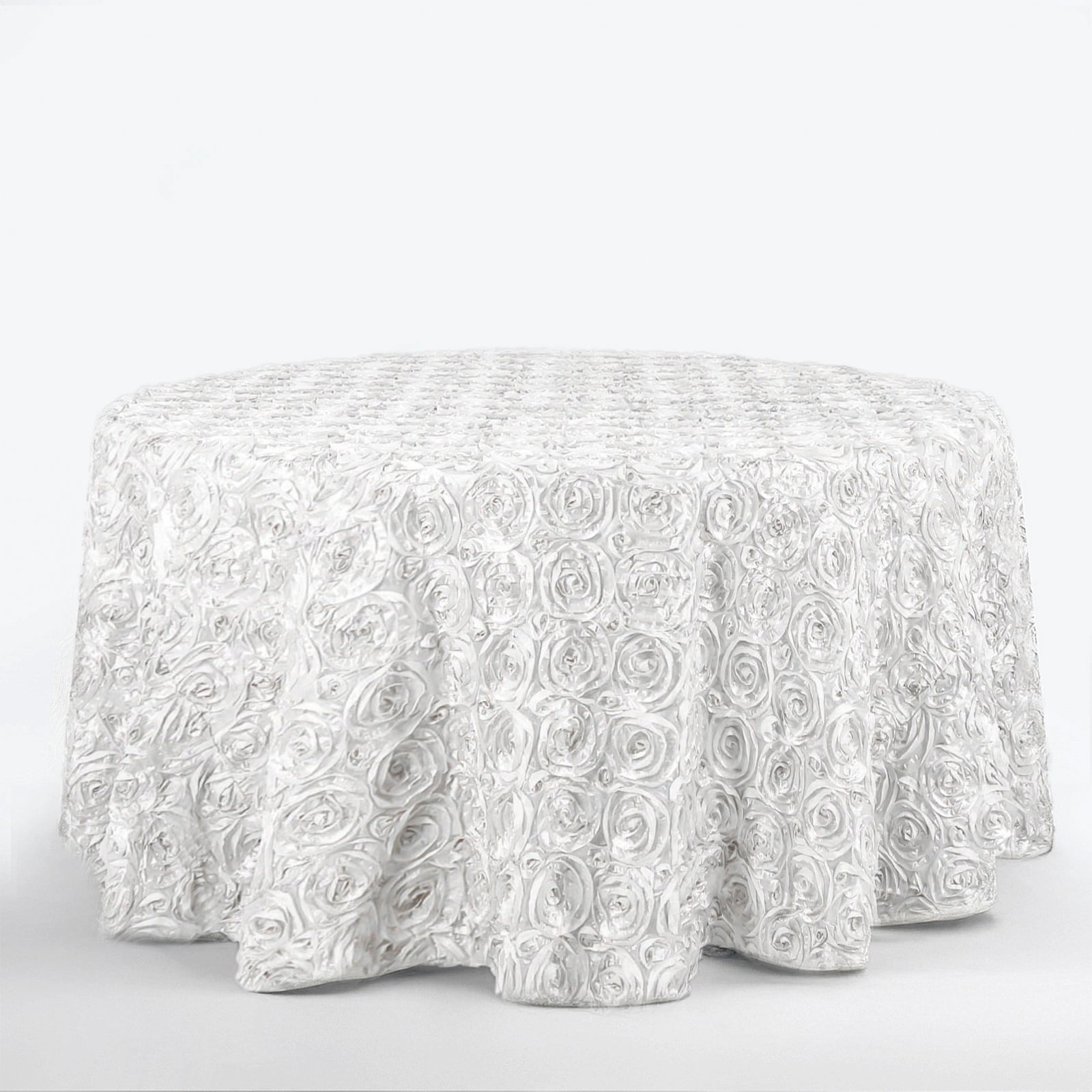 Satin 120" Round Tablecloth White - Grandiose 3D Rosette Design with Seamless Finish for Luxe Events - NestOCart