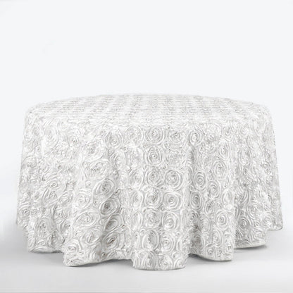 Satin 120" Round Tablecloth White - Grandiose 3D Rosette Design with Seamless Finish for Luxe Events - NestOCart