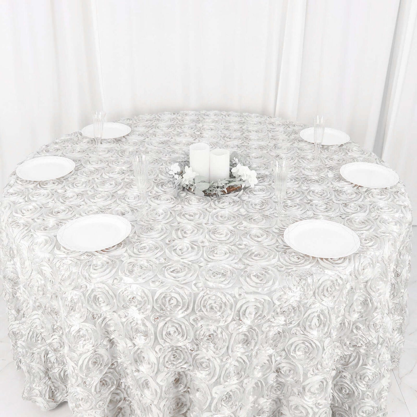 Satin 120" Round Tablecloth White - Grandiose 3D Rosette Design with Seamless Finish for Luxe Events - NestOCart