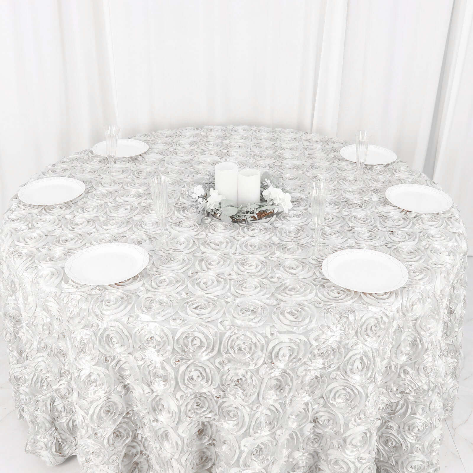 Satin 120" Round Tablecloth White - Grandiose 3D Rosette Design with Seamless Finish for Luxe Events - NestOCart