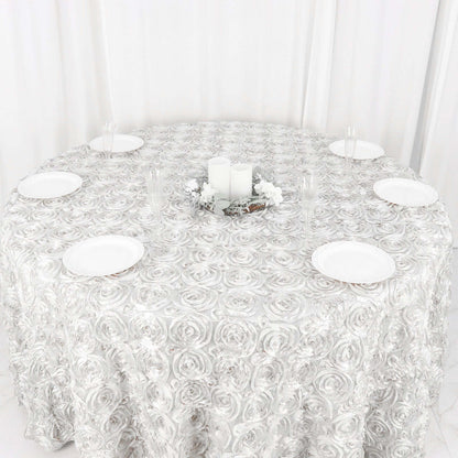 Satin 120" Round Tablecloth White - Grandiose 3D Rosette Design with Seamless Finish for Luxe Events - NestOCart