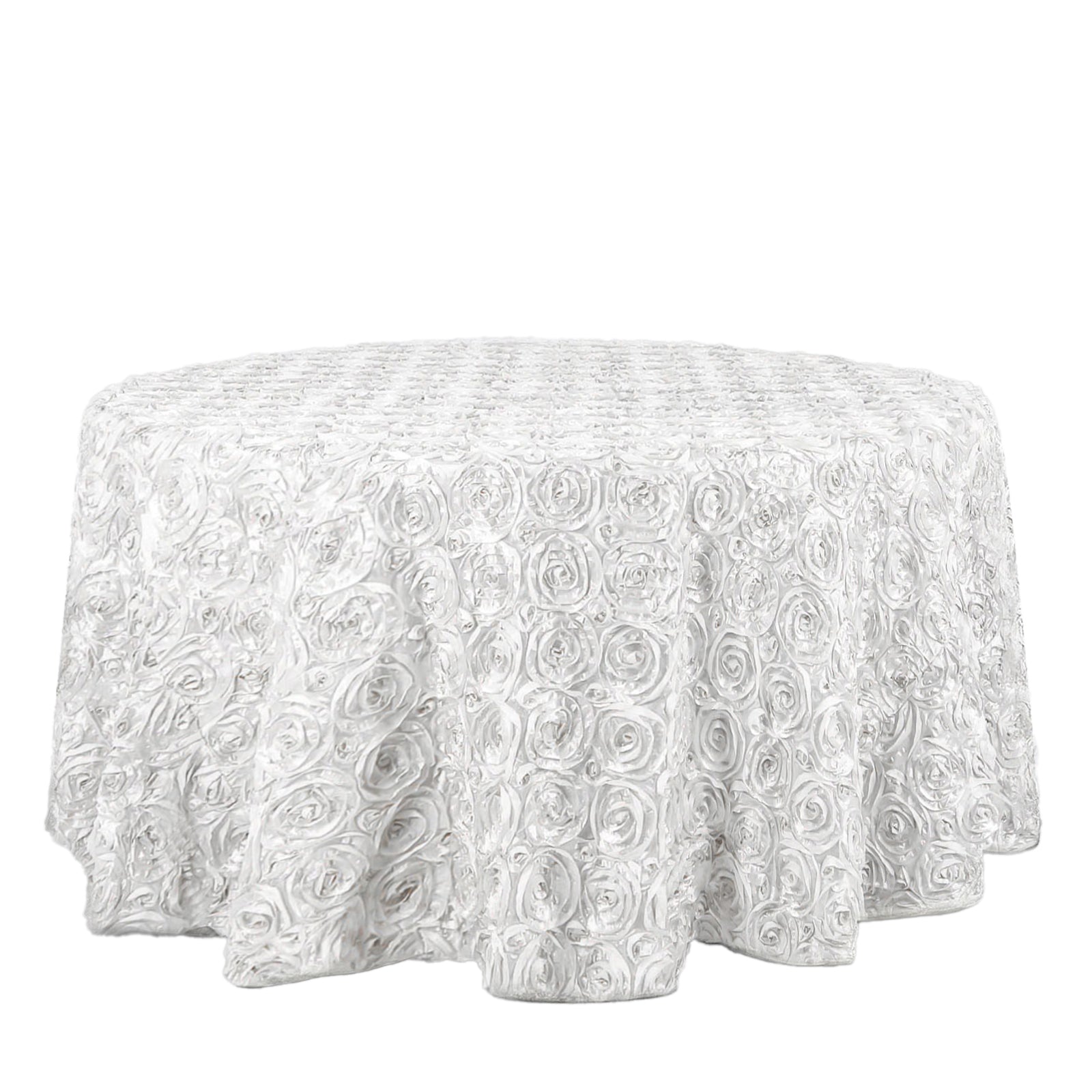 Satin 120" Round Tablecloth White - Grandiose 3D Rosette Design with Seamless Finish for Luxe Events - NestOCart
