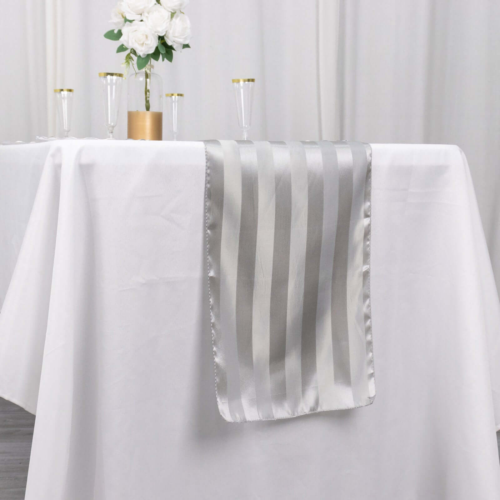Satin 12"x108" Table Runner Silver Stripe - Stripe Table Decor - Bell Racket Store