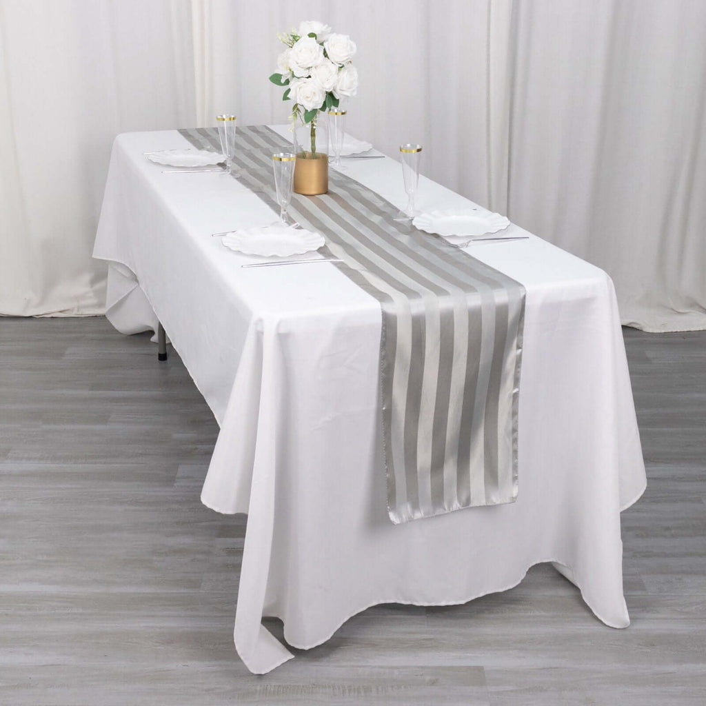 Satin 12"x108" Table Runner Silver Stripe - Stripe Table Decor - Bell Racket Store