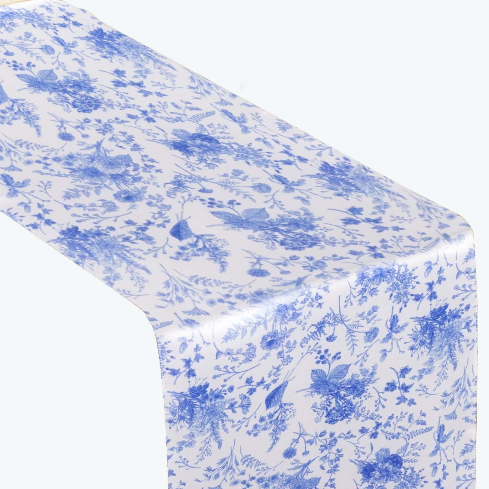 Satin 12"x108" Table Runner White with Blue French Toile Floral Pattern - Refined Style for Upscale Events - Bell Racket Store