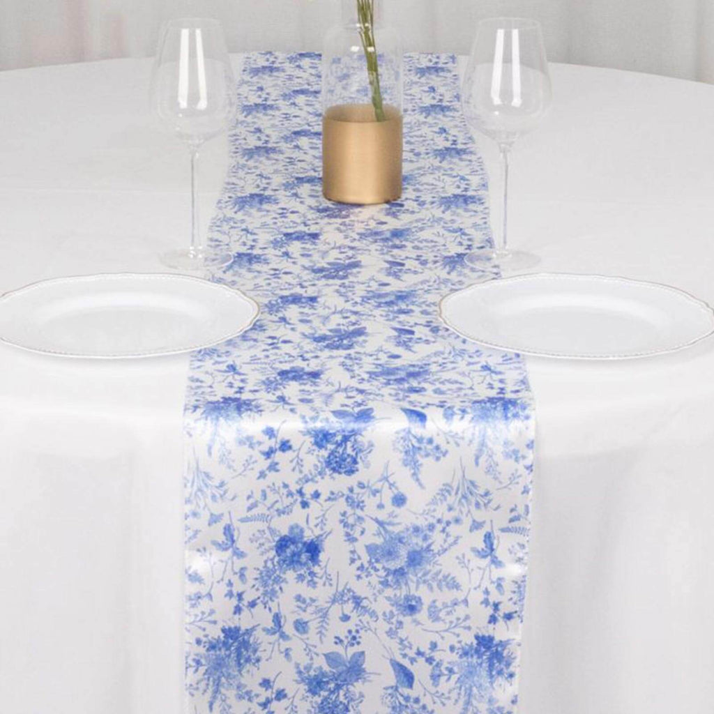 Satin 12"x108" Table Runner White with Blue French Toile Floral Pattern - Refined Style for Upscale Events - Bell Racket Store