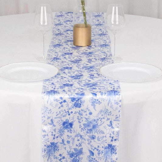 Satin 12"x108" Table Runner White with Blue French Toile Floral Pattern - Refined Style for Upscale Events - Bell Racket Store