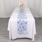 Satin 12"x108" Table Runner White with Blue French Toile Floral Pattern - Refined Style for Upscale Events - Bell Racket Store