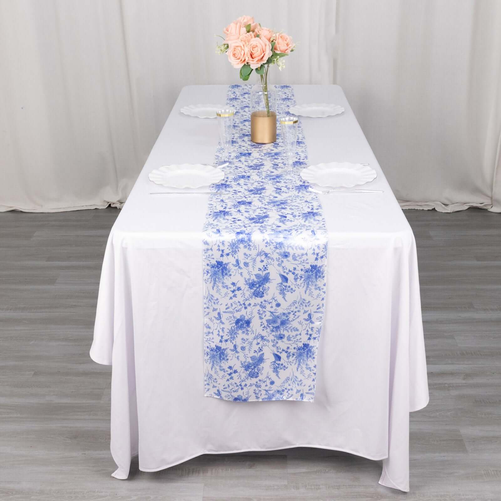 Satin 12"x108" Table Runner White with Blue French Toile Floral Pattern - Refined Style for Upscale Events - Bell Racket Store