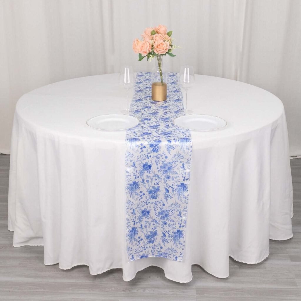 Satin 12"x108" Table Runner White with Blue French Toile Floral Pattern - Refined Style for Upscale Events - Bell Racket Store
