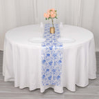Satin 12"x108" Table Runner White with Blue French Toile Floral Pattern - Refined Style for Upscale Events - Bell Racket Store