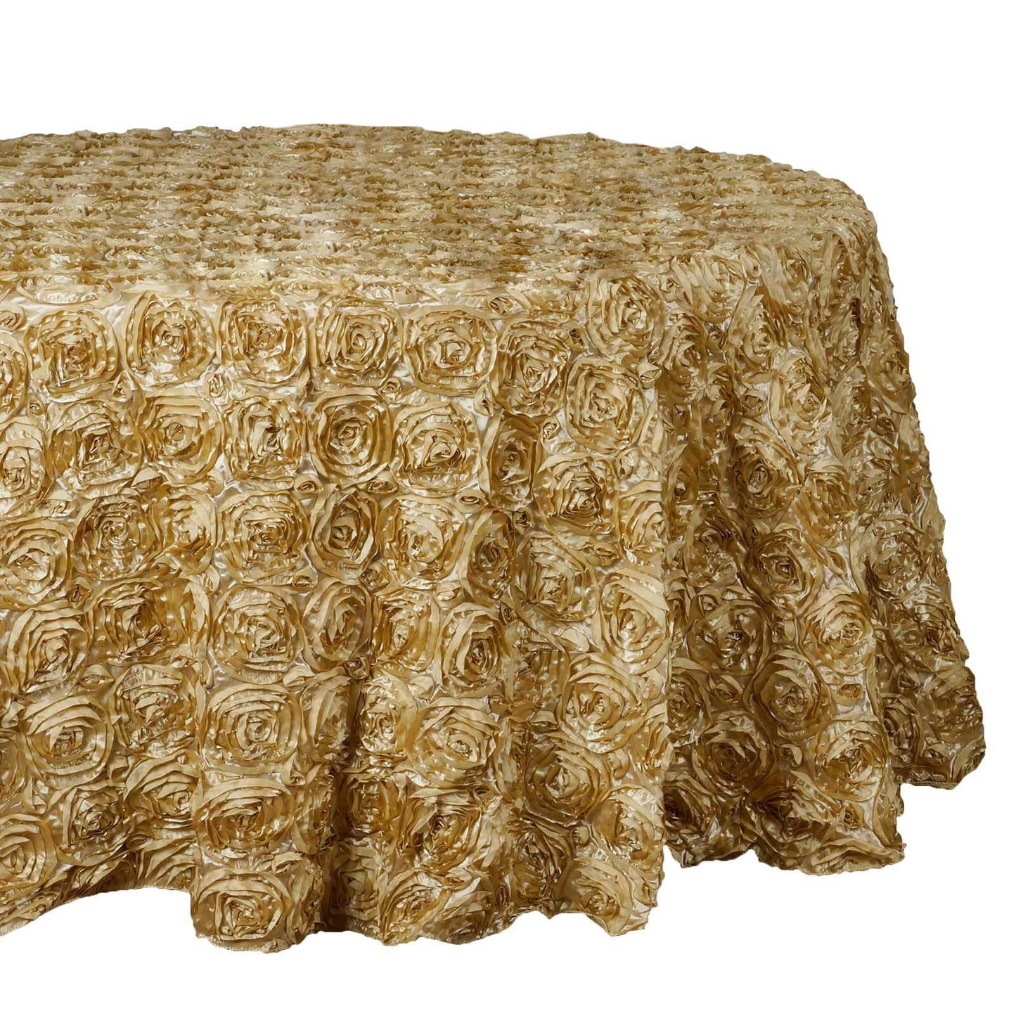 Satin 132" Round Tablecloth Champagne - Seamless Grandiose 3D Rosette Table Cover - NestOCart