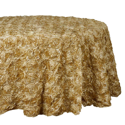 Satin 132" Round Tablecloth Champagne - Seamless Grandiose 3D Rosette Table Cover - NestOCart